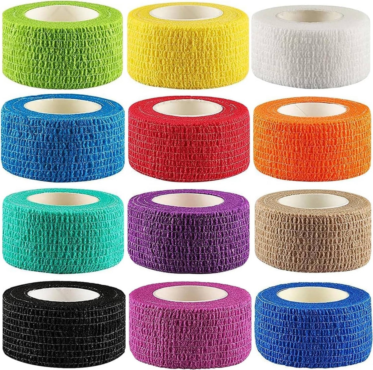 Colorful self-adhesive elastic bandage wrap roll set with red, orange, purple, and black