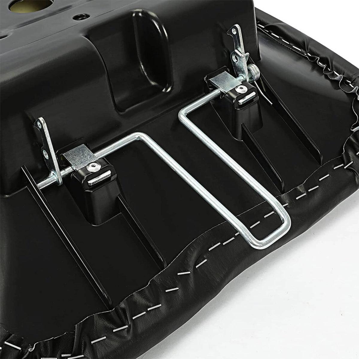 Black ATV seat underside with metal mounting brackets and support rails