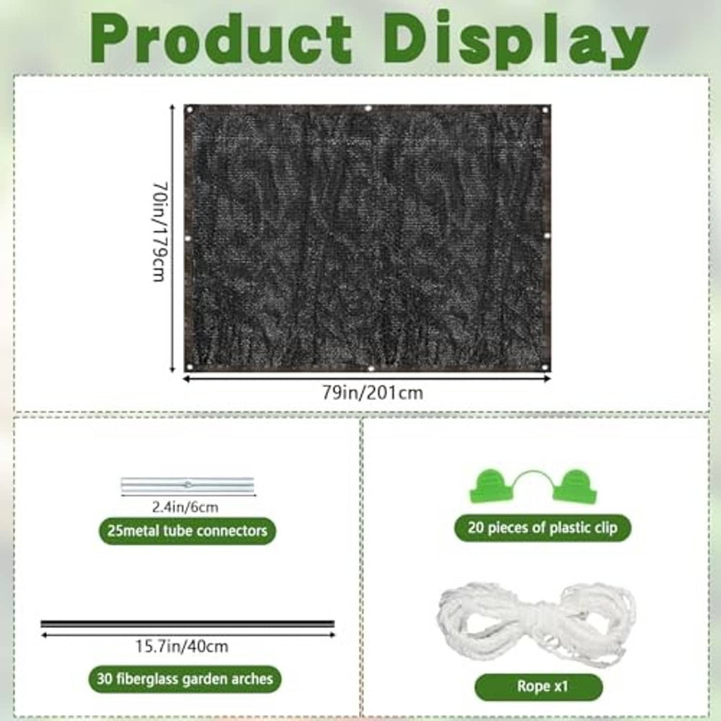 Plant shade cloth kit diagram showing mesh panel, plastic clips, metal connectors, rope