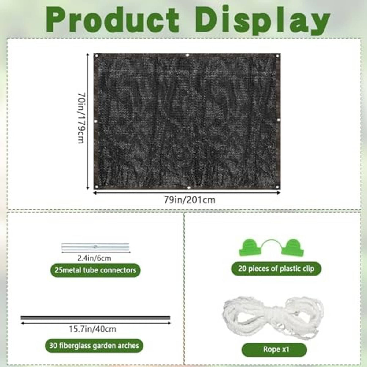 Plant shade cloth kit diagram showing mesh panel, plastic clips, metal connectors, rope