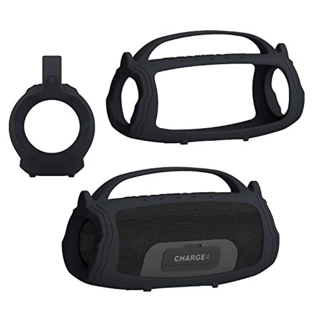Black silicone speaker cover case with textured face and lanyard strap set