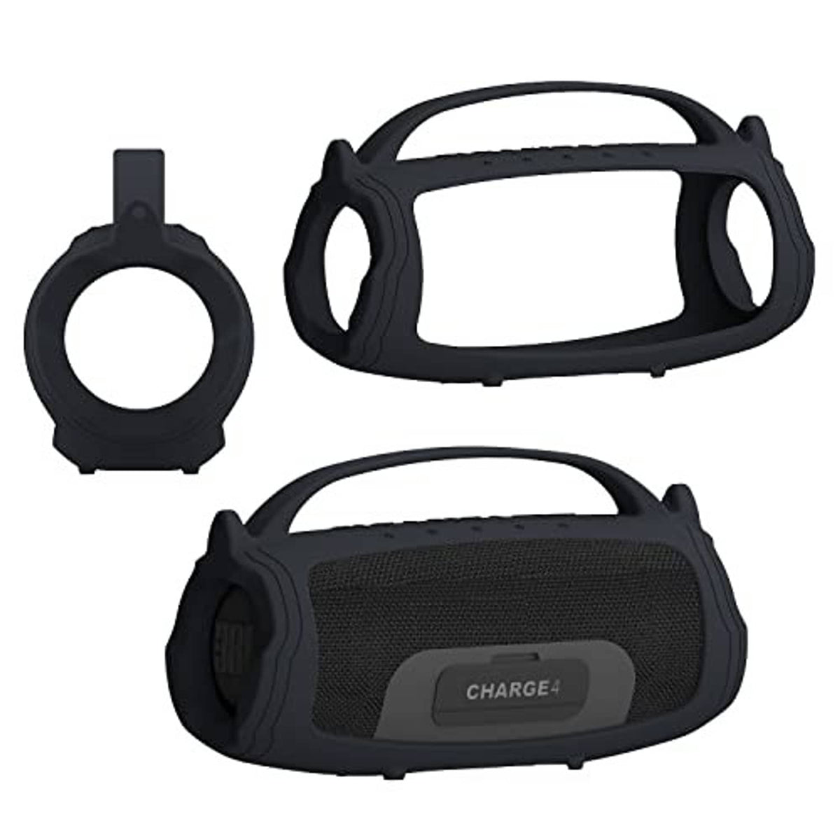 Black silicone speaker cover case with textured face and lanyard strap set