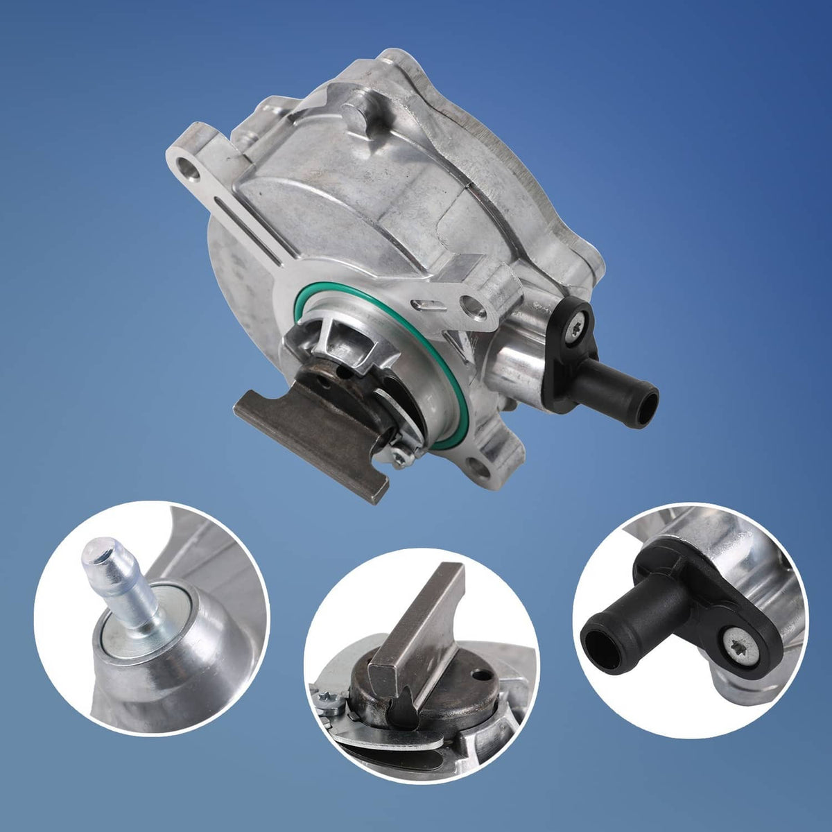 Brake vacuum pump with green seal, shown from multiple angles