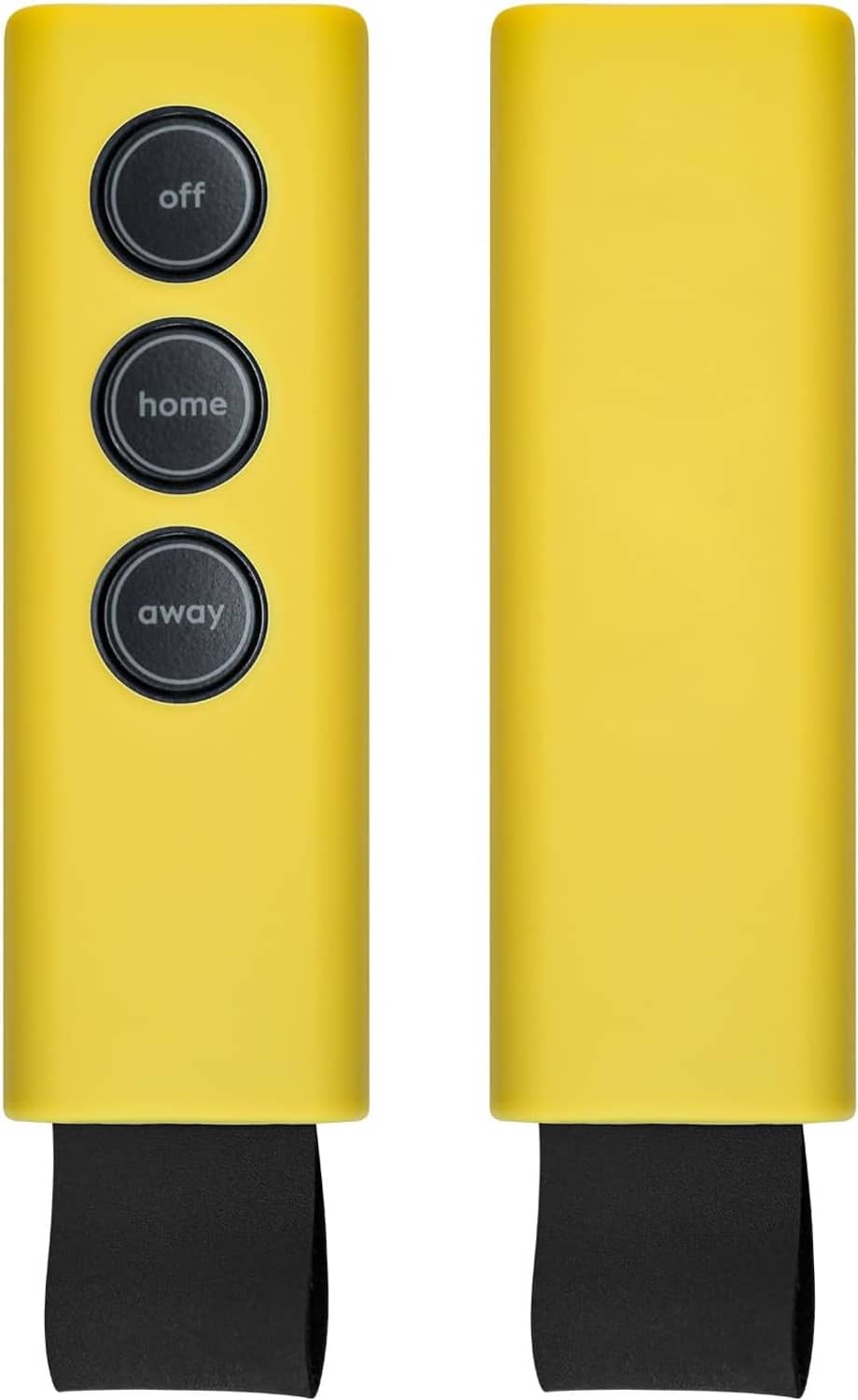 Yellow silicone key fob cover with off, home, away buttons, shown with side profile