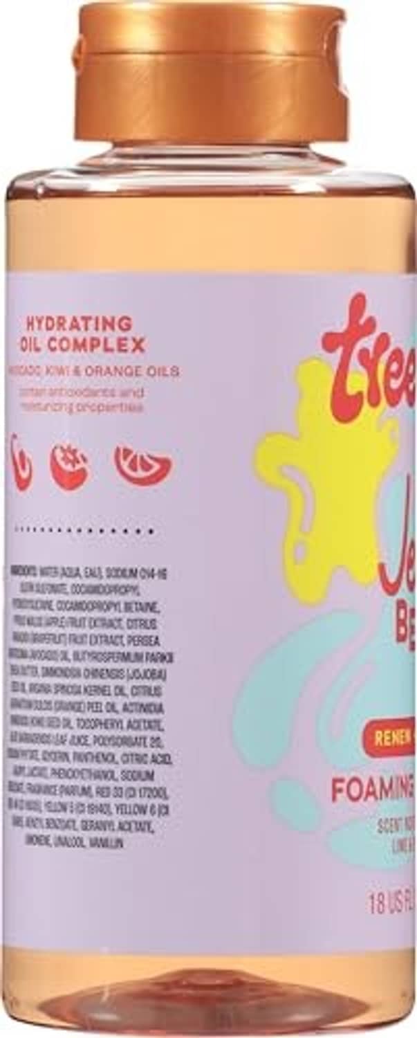 Foaming gel body wash bottle with ingredient and product information panel