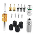 AC valve core removal tool kit with metal and plastic valve cores, caps, and adapters