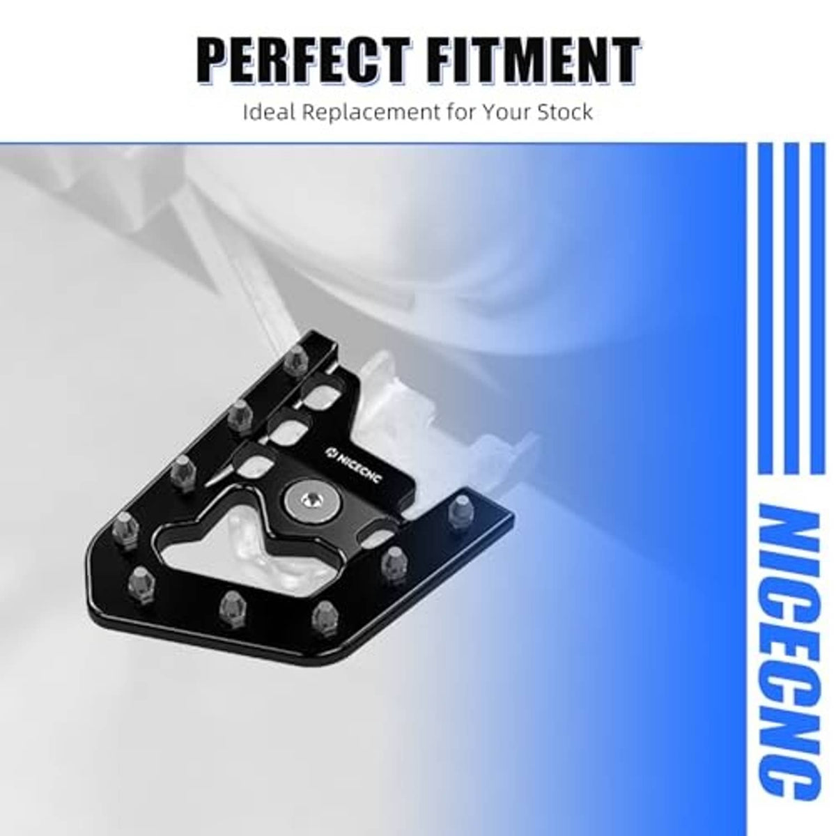 Black foot brake pedal extender with perforated grip plate and raised mounting pegs