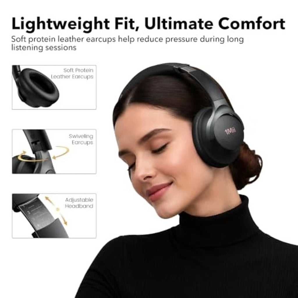 Black over-ear headphones shown being worn, with cushioned ear cups and headband.