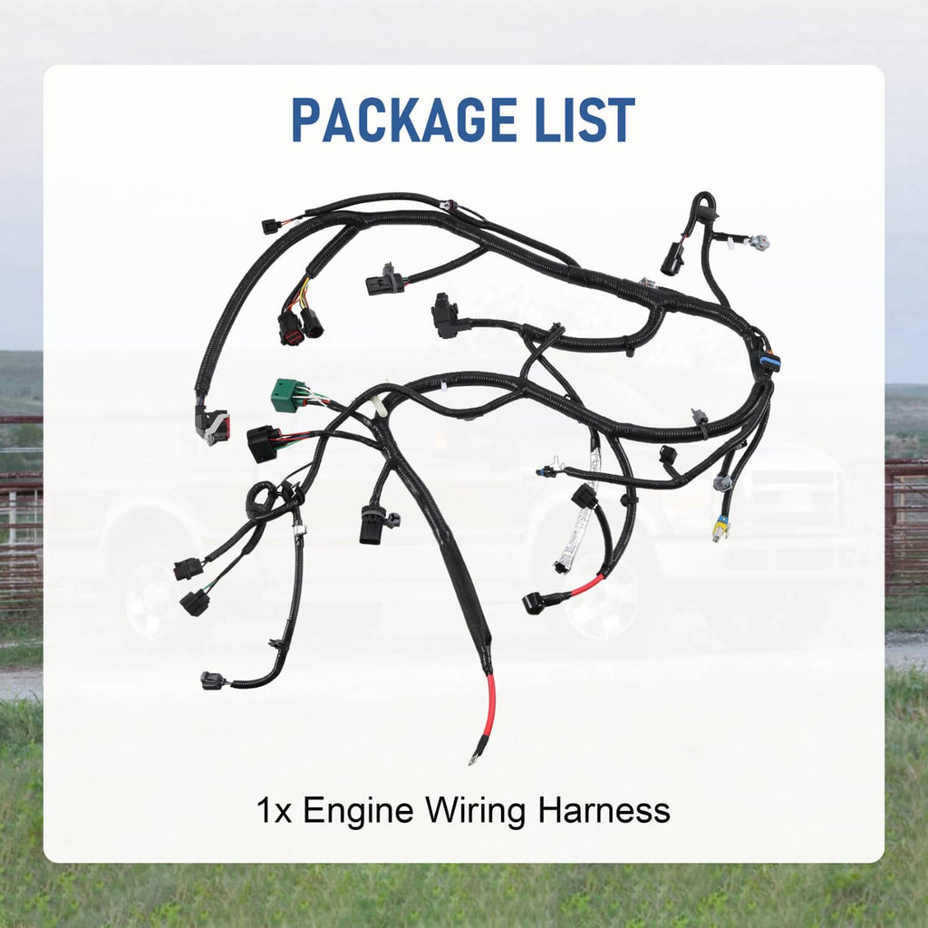 Engine wiring harness with black wire loom, sensors, and electrical connector plugs