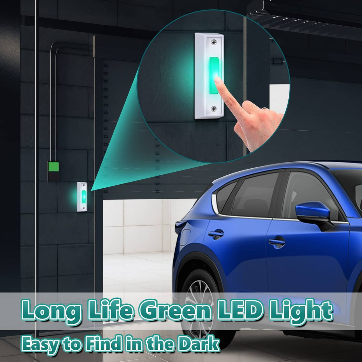 White doorbell button with glowing green LED on dark wall near garage