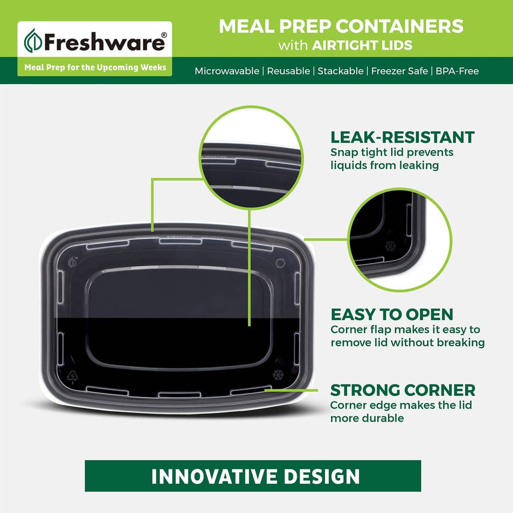 Black airtight meal prep container lid with snap-lock corners and easy-open flap detail