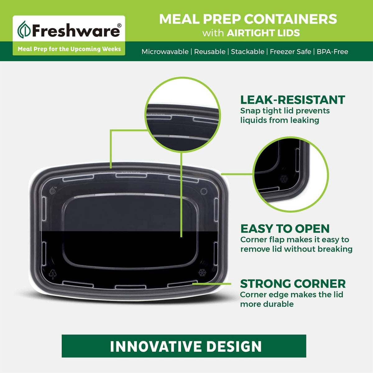 Black airtight meal prep container lid with snap-lock corners and easy-open flap detail