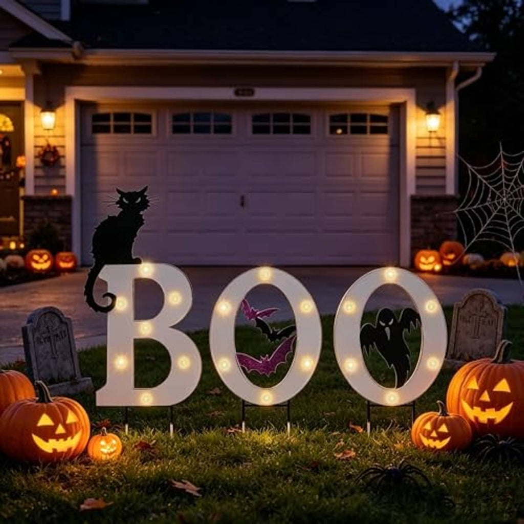 Lighted outdoor BOO solar yard signs on stakes with bat, cat, and ghost silhouettes
