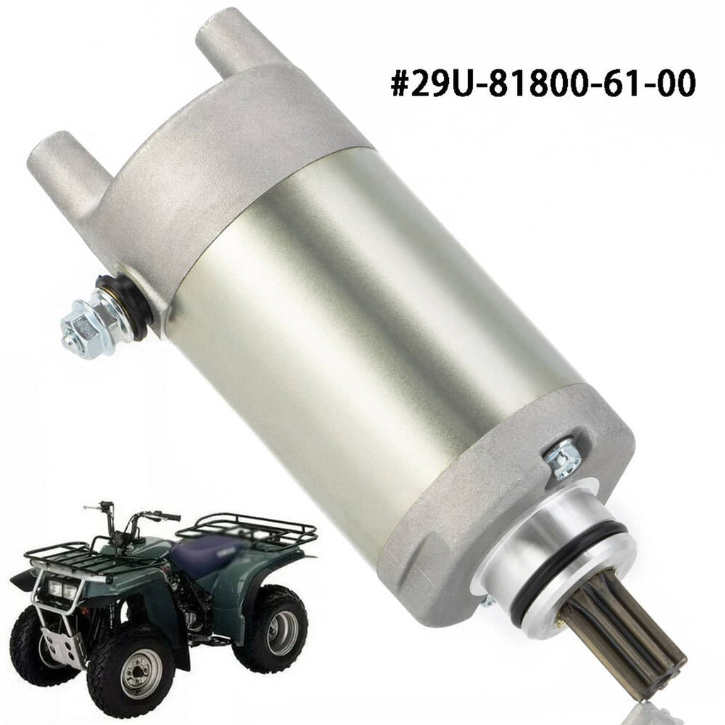 Starter motor assembly showing part number marking, silver housing, and front output shaft