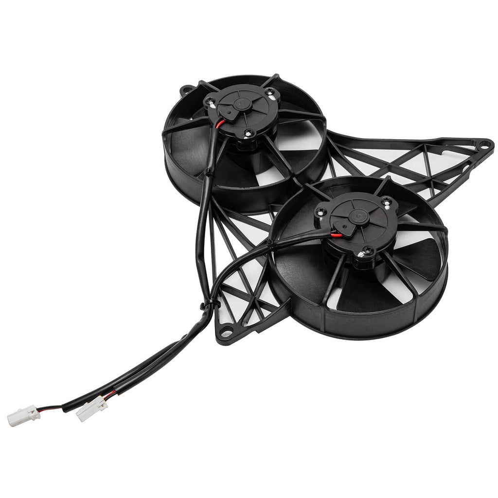 Black dual cooling fan assembly with mounting bracket and two round fan blades