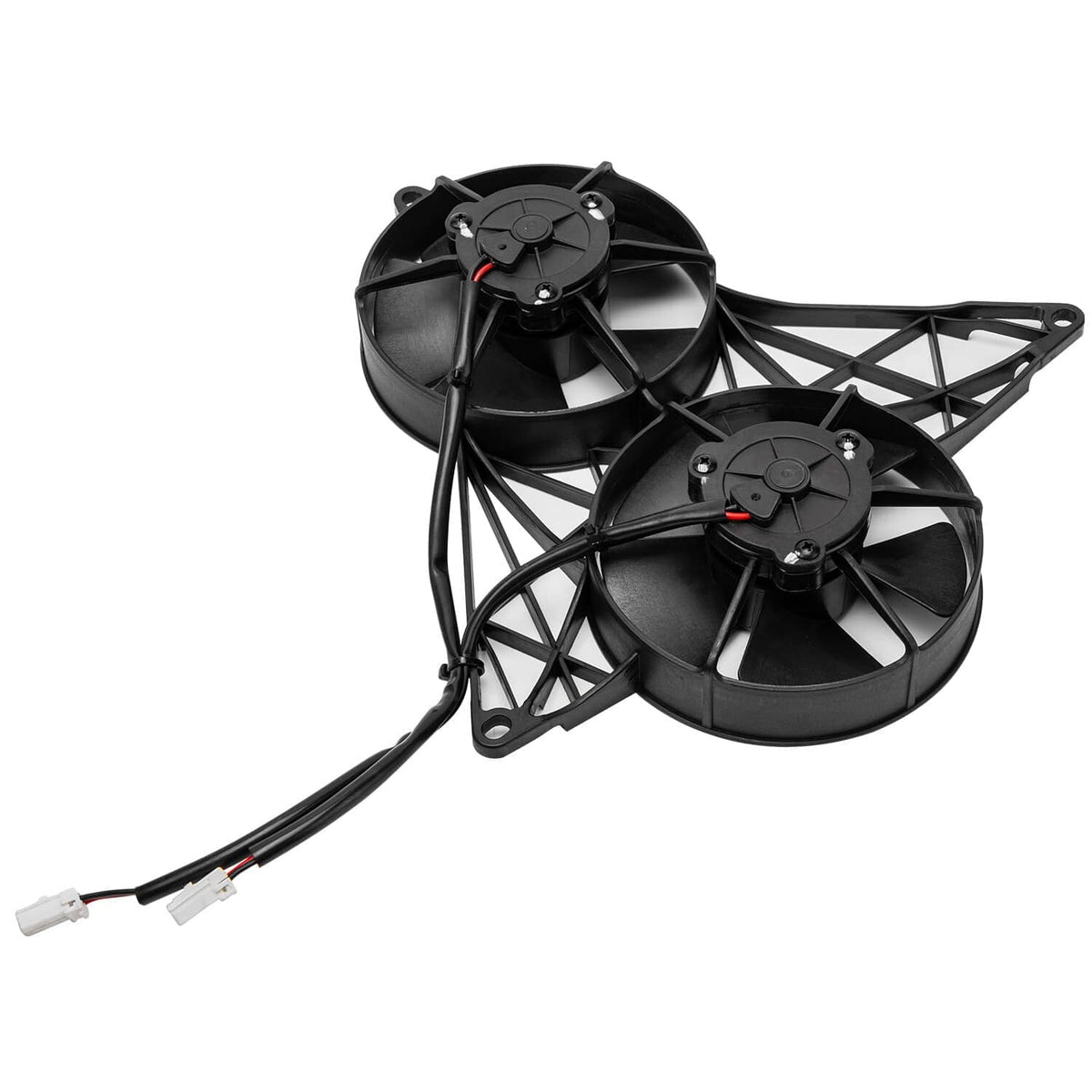 Black dual cooling fan assembly with mounting bracket and two round fan blades