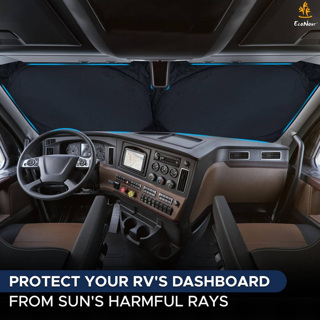 RV windshield sunshade covering front glass, reflective dark fabric for sun protection