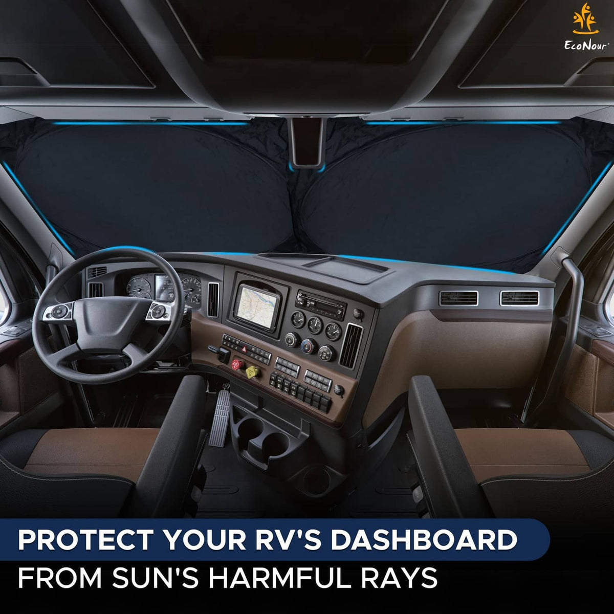 RV windshield sunshade covering front glass, reflective dark fabric for sun protection