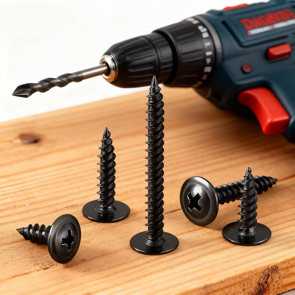 Power drill driving black Phillips truss-head self-tapping screws into wood