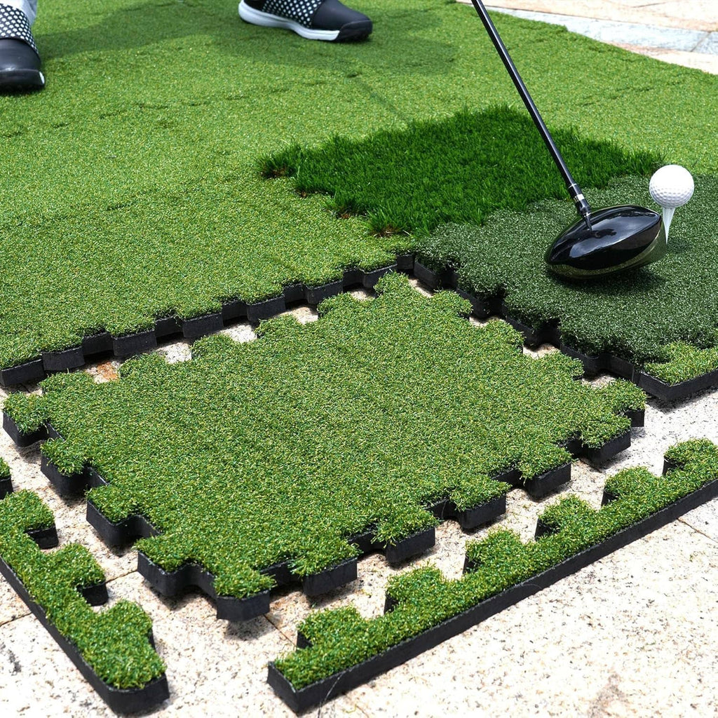 Golf hitting mat with tri-turf grass, golf ball and club for practice