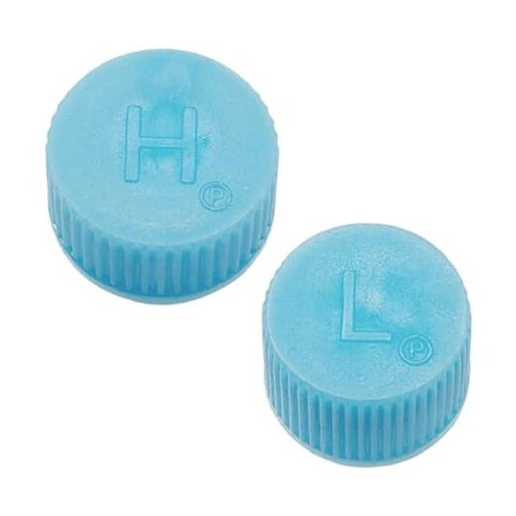 Pair of blue A/C charging port valve core caps with ribbed grip and H marking