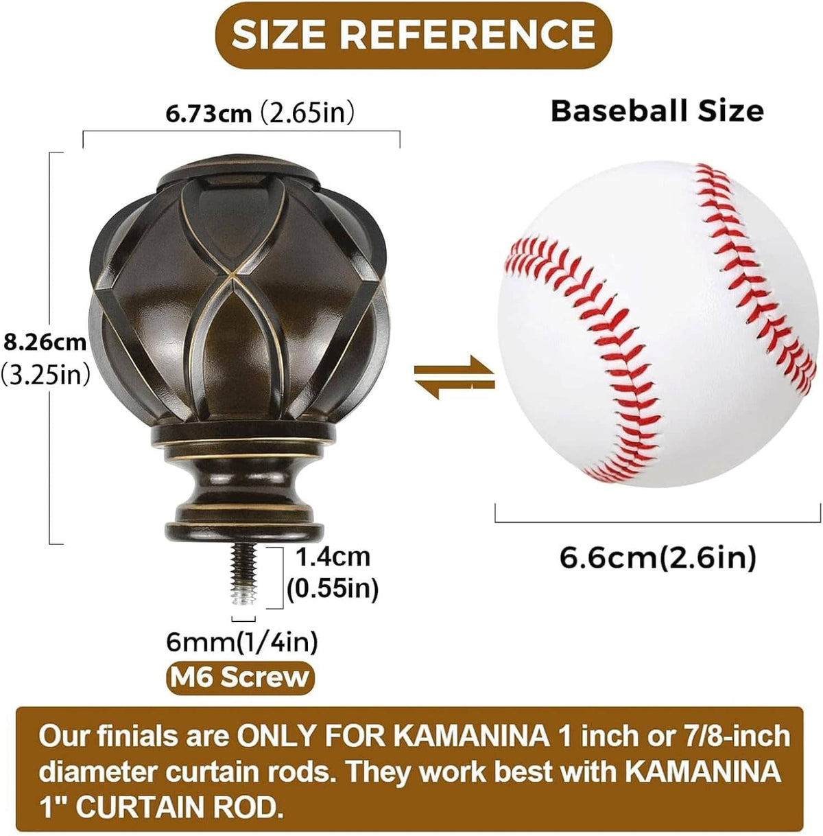 Dark bronze finial cap with diamond cutout pattern and M6 screw post, size reference view