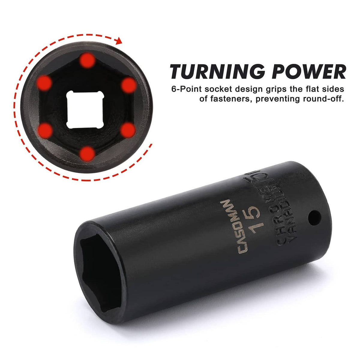 Black 1/4-in drive impact socket with size markings and deep square drive opening