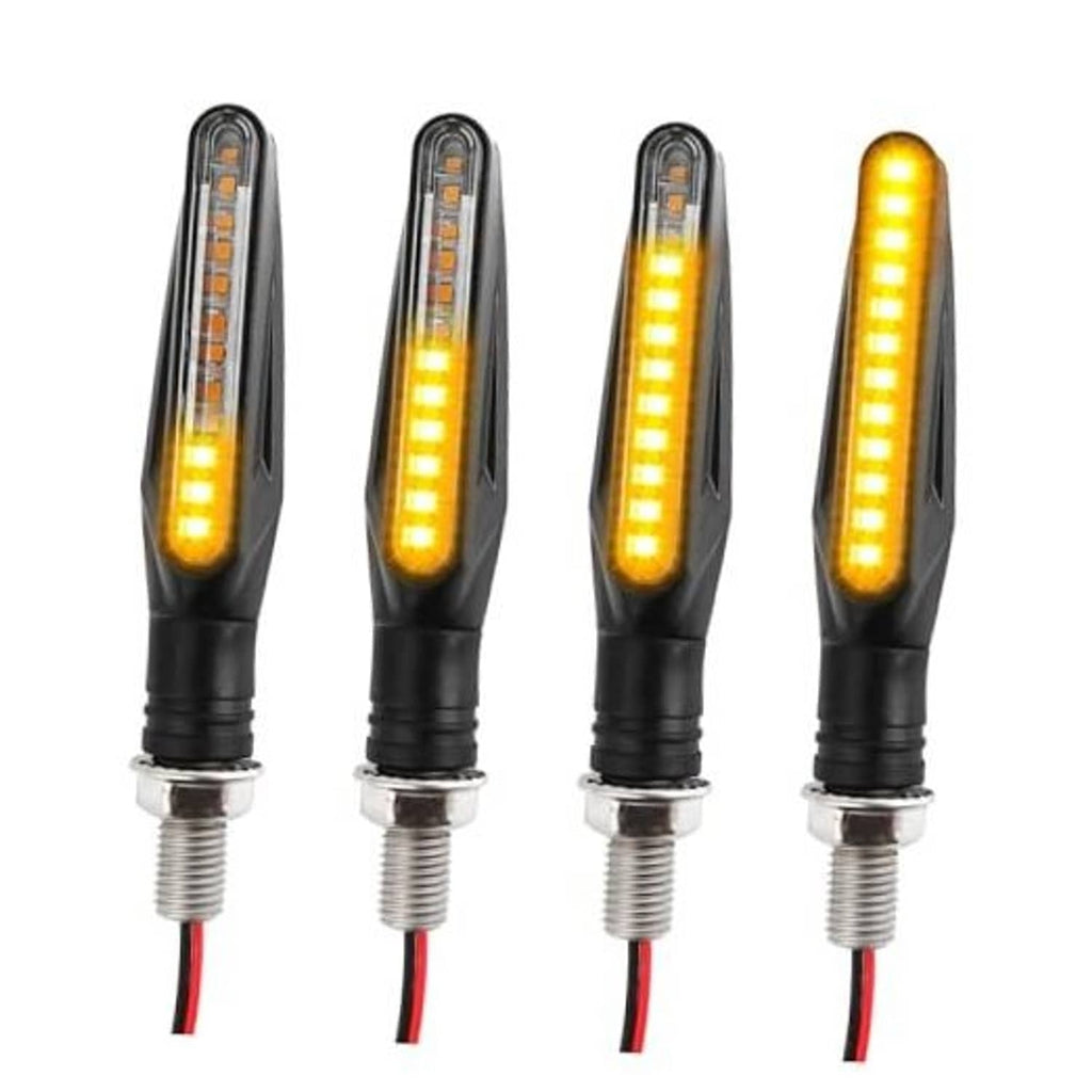 Set of amber LED motorcycle turn signals with black housing and metal threaded base