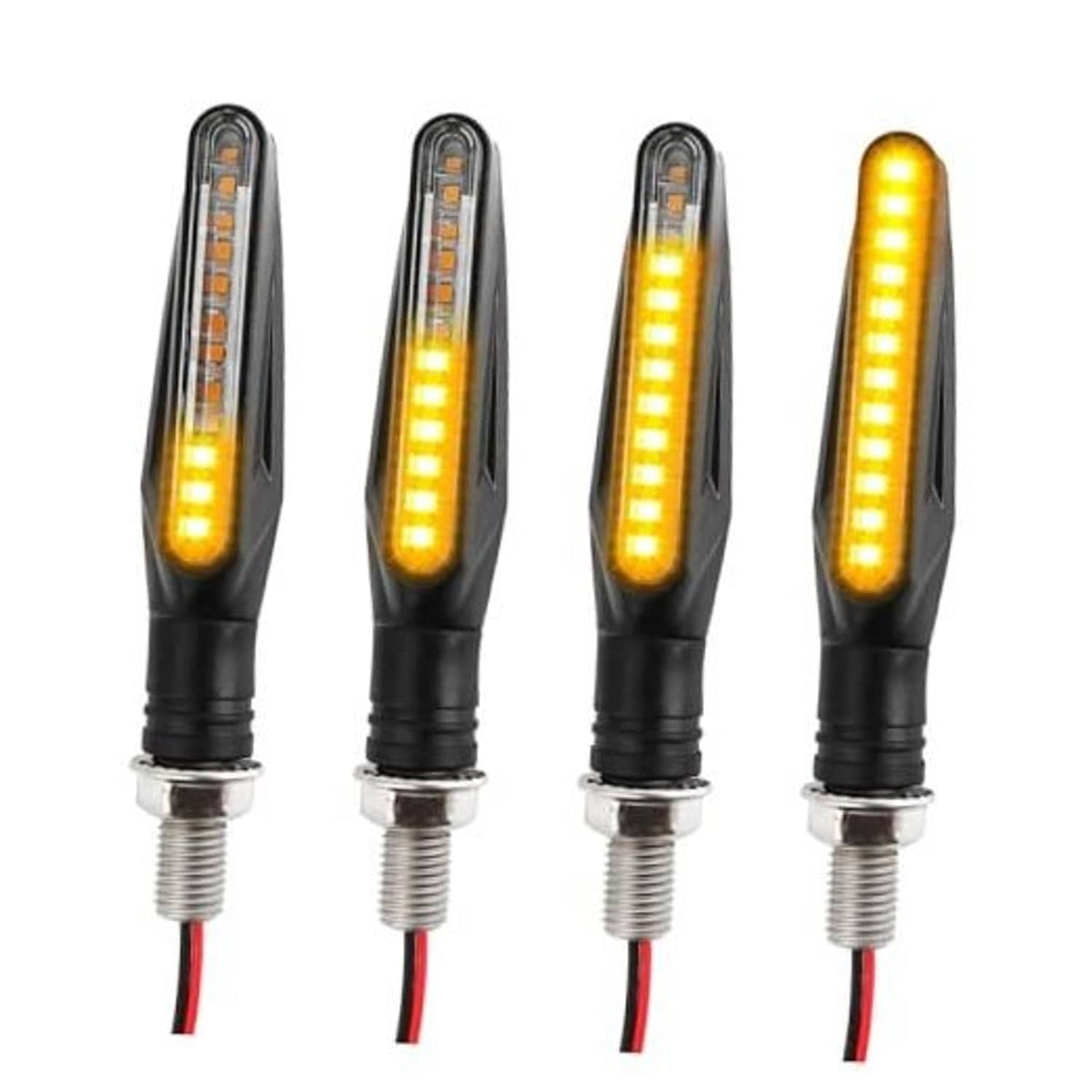 Set of amber LED motorcycle turn signals with black housing and metal threaded base