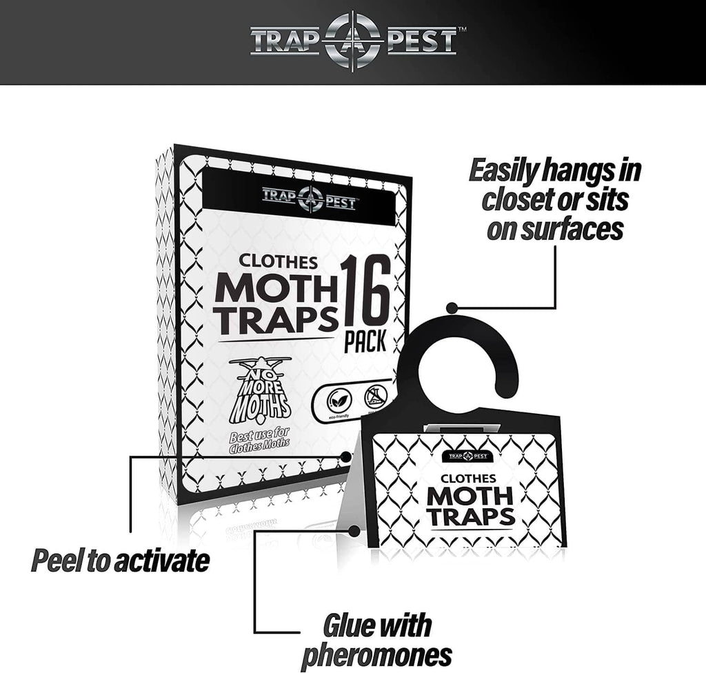 Clothes moth trap cards with pheromones, hang-ready design, black and white