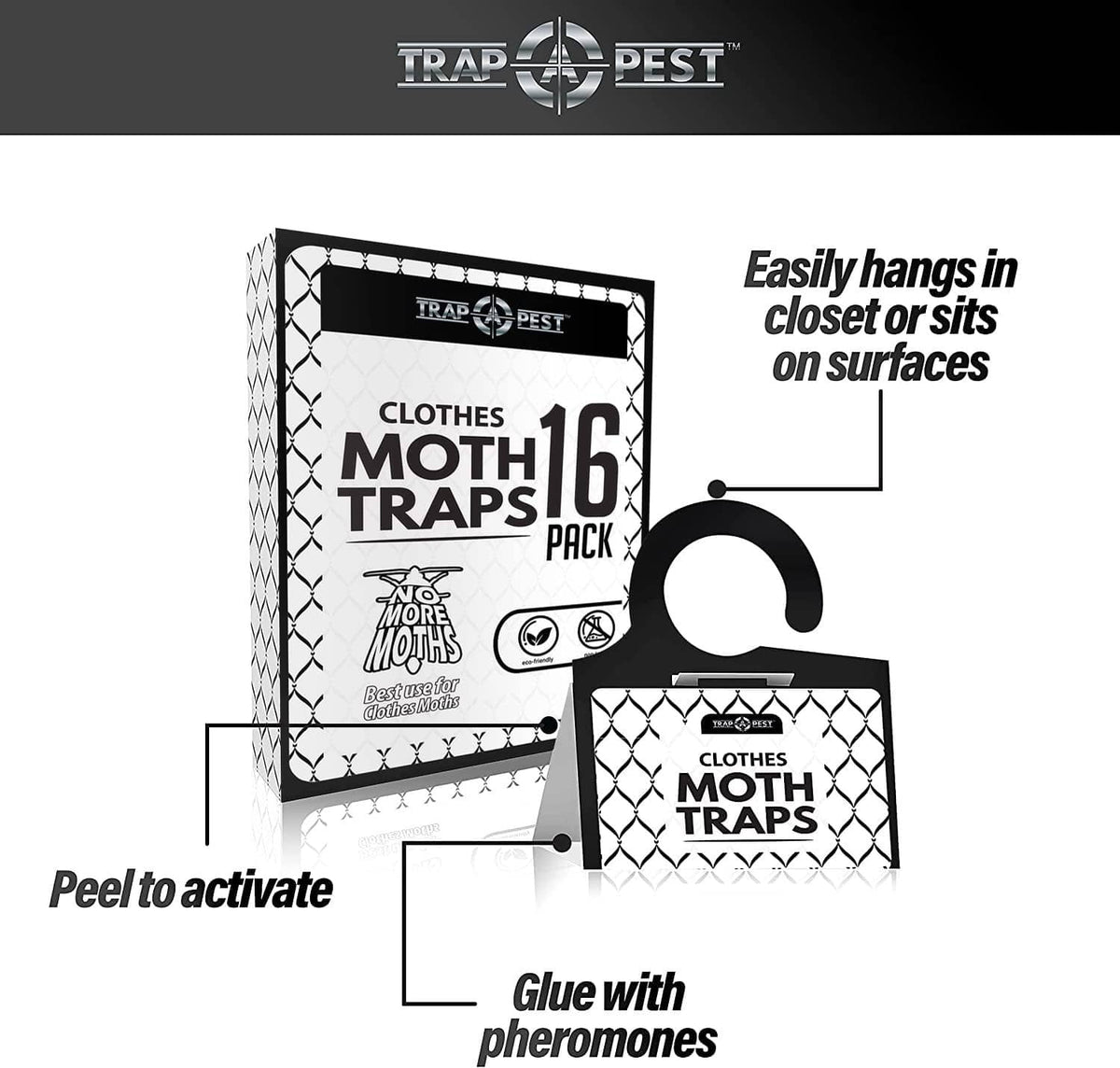 Clothes moth trap cards with pheromones, hang-ready design, black and white