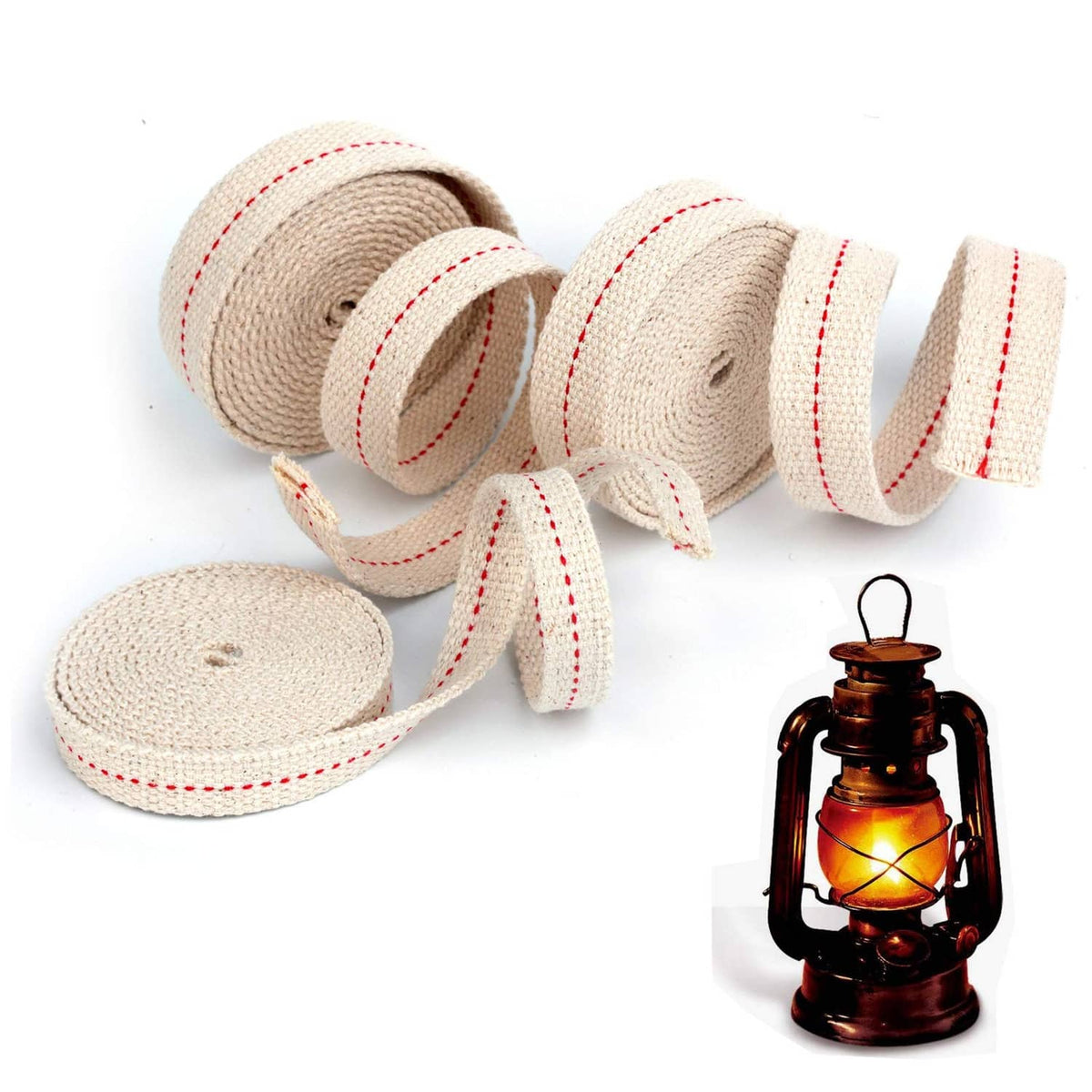 Beige oil lamp wick set with red stitched trim, rolled pieces and loose ends