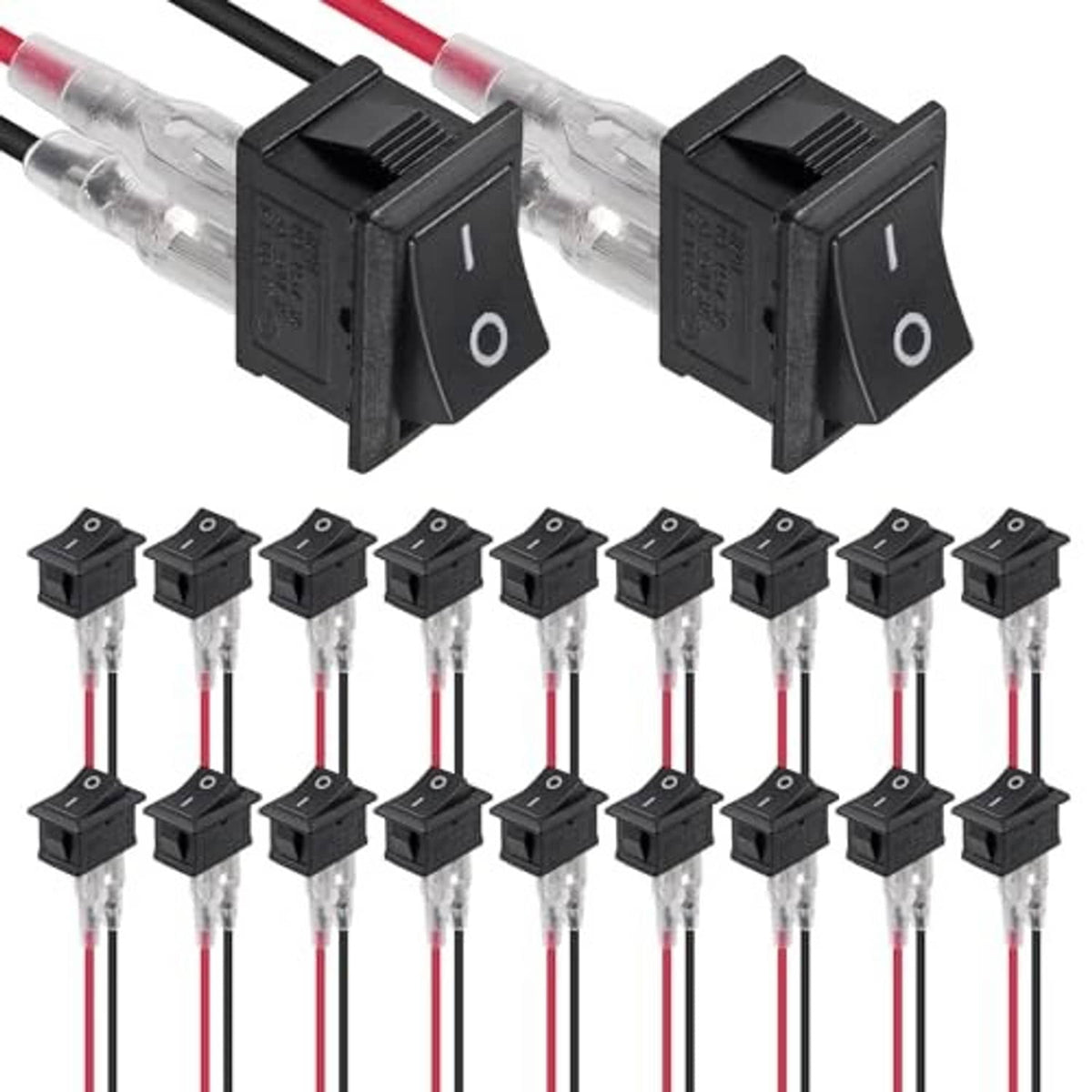 Black 2-position on/off rocker switch pair, snap-in 2-pin, with red and clear wire leads