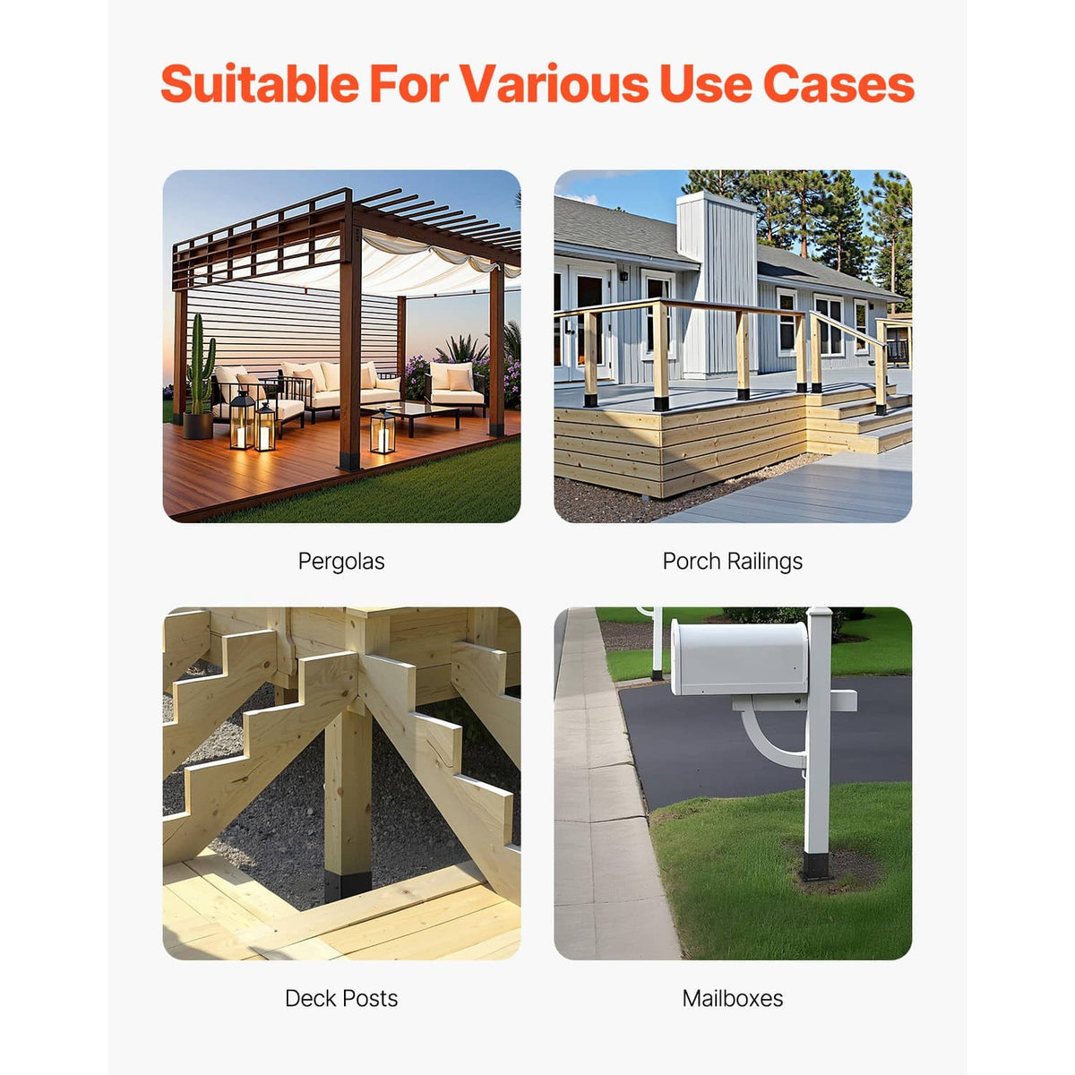 Outdoor post base bracket kit for decks, porches, and pergolas with mounting feet