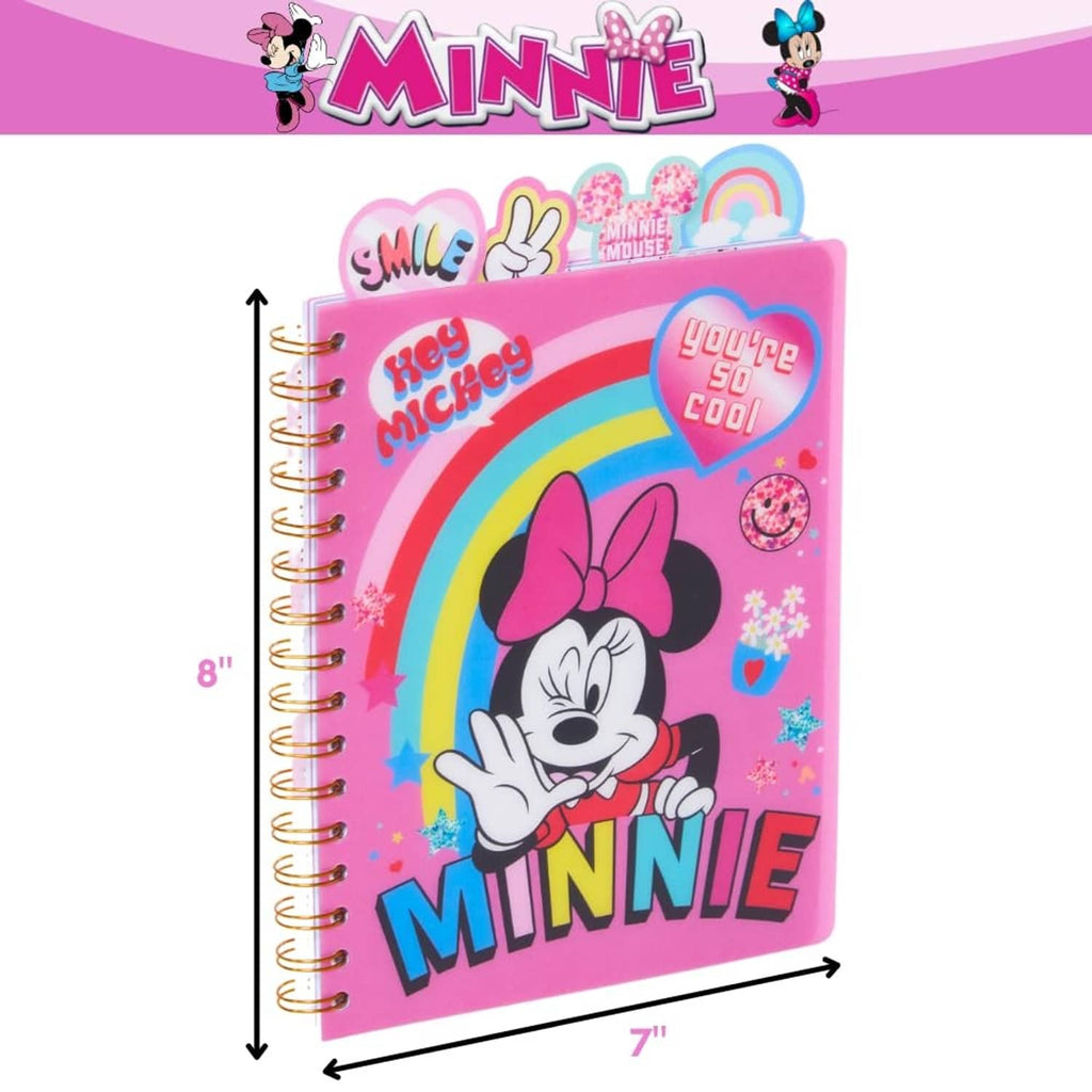 Pink Minnie Mouse spiral notebook with rainbow graphic and gold ring binding