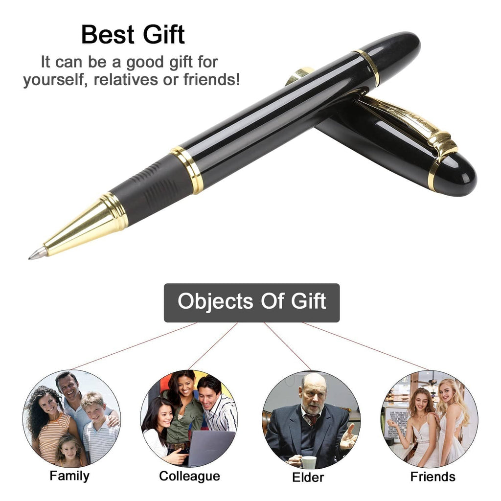 Black luxury ballpoint pen with gold accents, gift-style presentation
