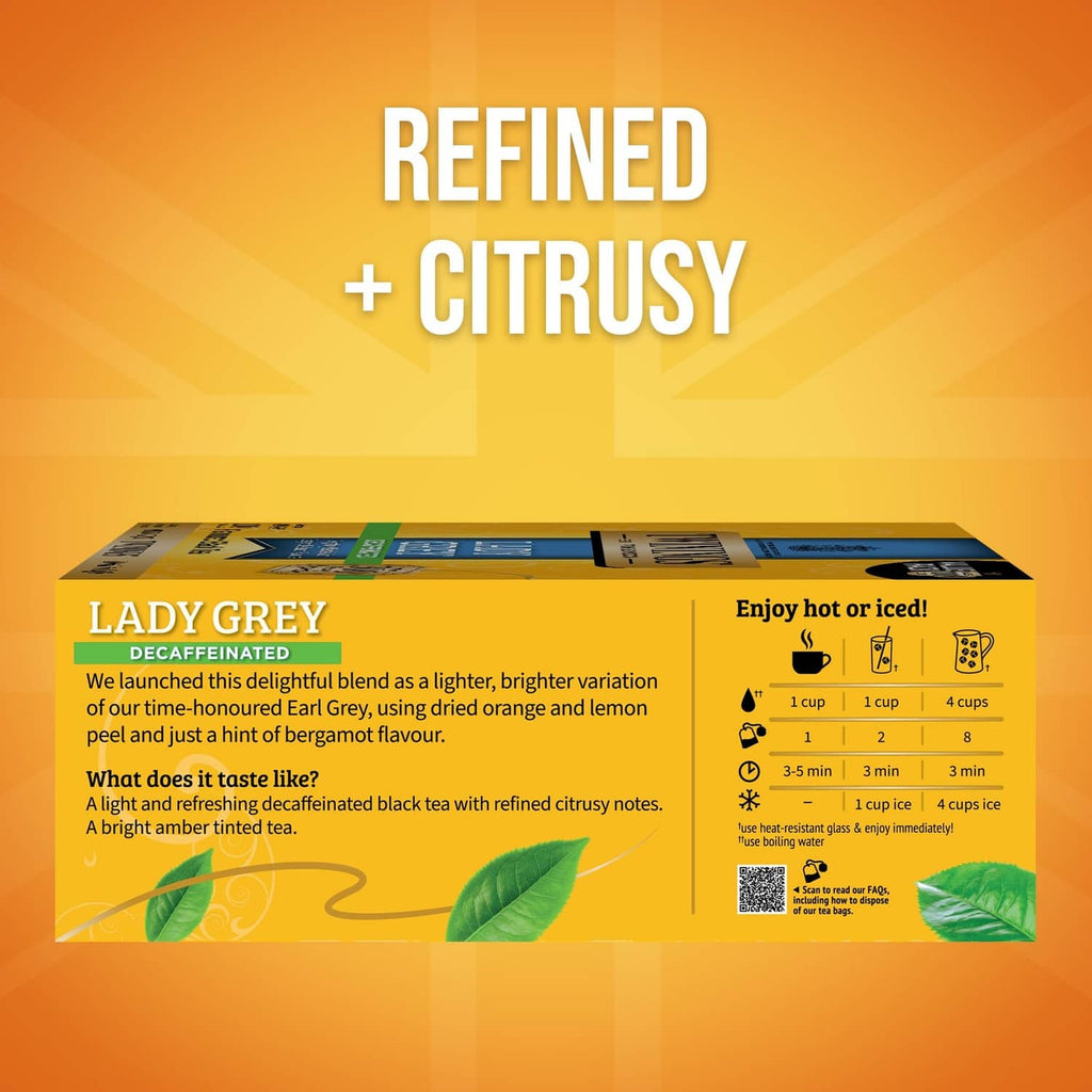 Lady Grey decaffeinated black tea box back with brewing instructions and servings chart