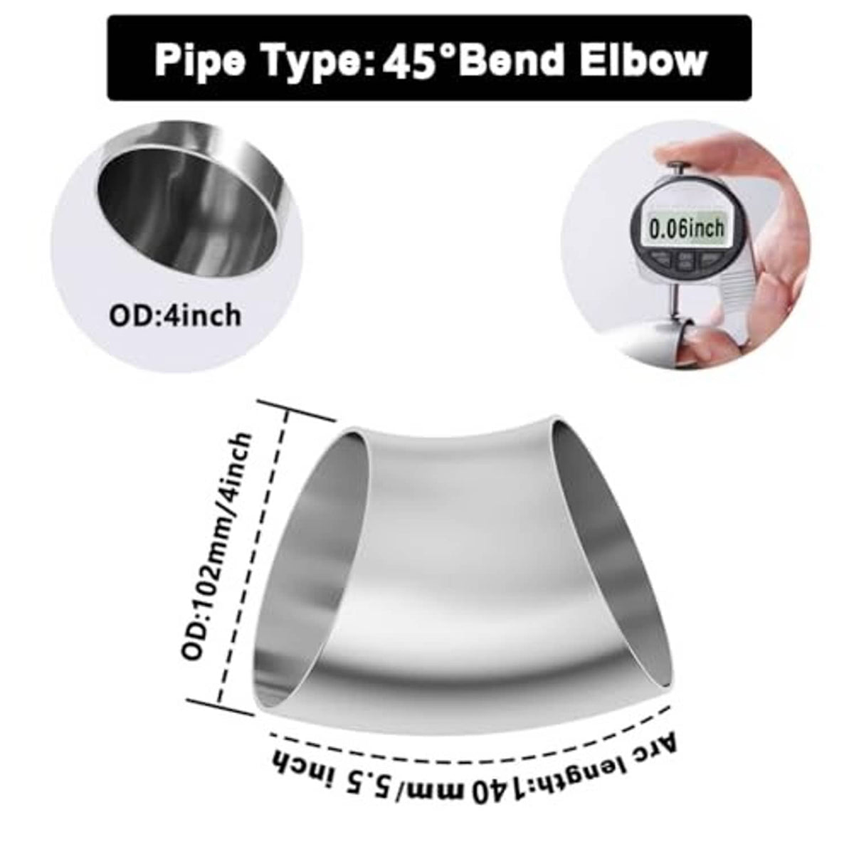 Stainless steel 45-degree elbow pipe with OD 4-inch size dimensions