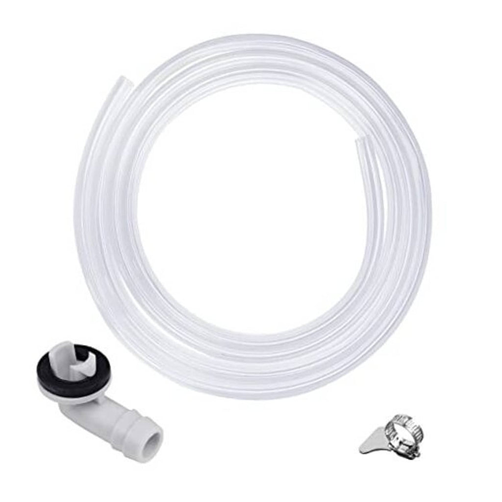 Clear PVC vinyl air conditioner drain tubing coil with elbow connector and clamp