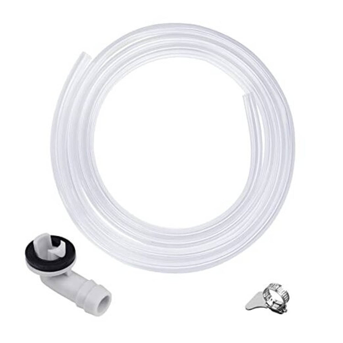 Clear PVC vinyl air conditioner drain tubing coil with elbow connector and clamp