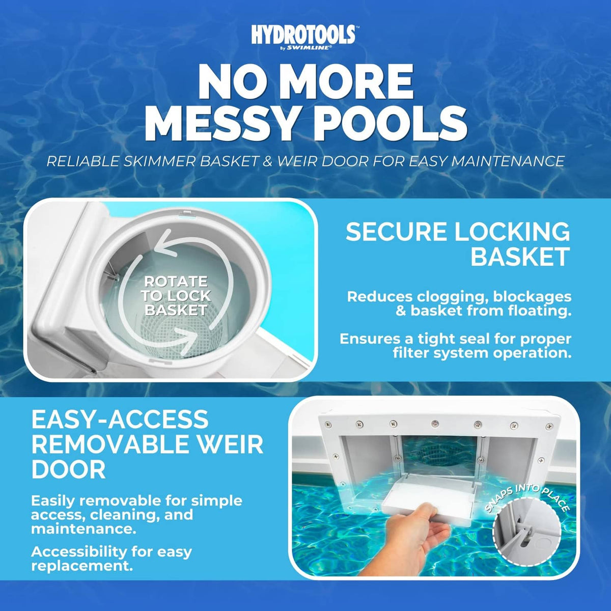Skimmer basket with locking weir door and easy-access removable cover