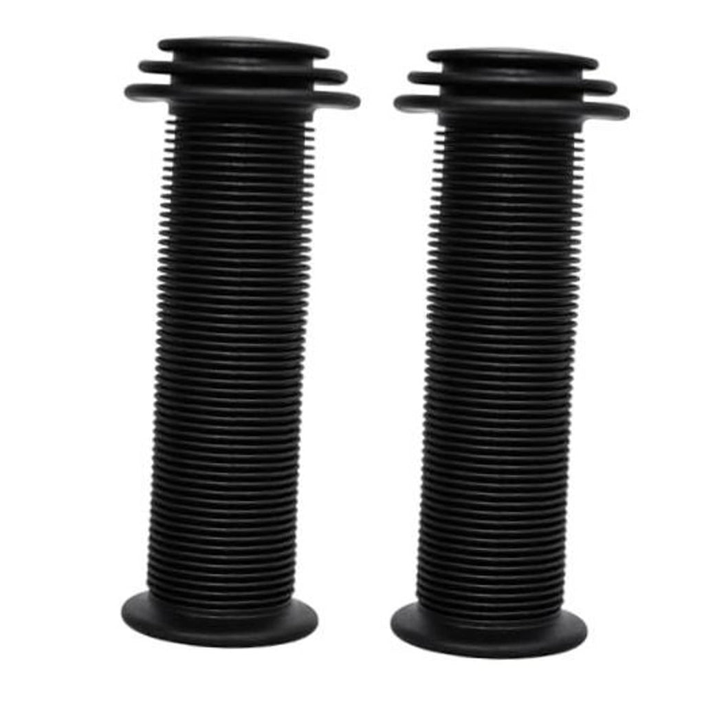 Set of black ribbed rubber bicycle handlebar grips with end caps