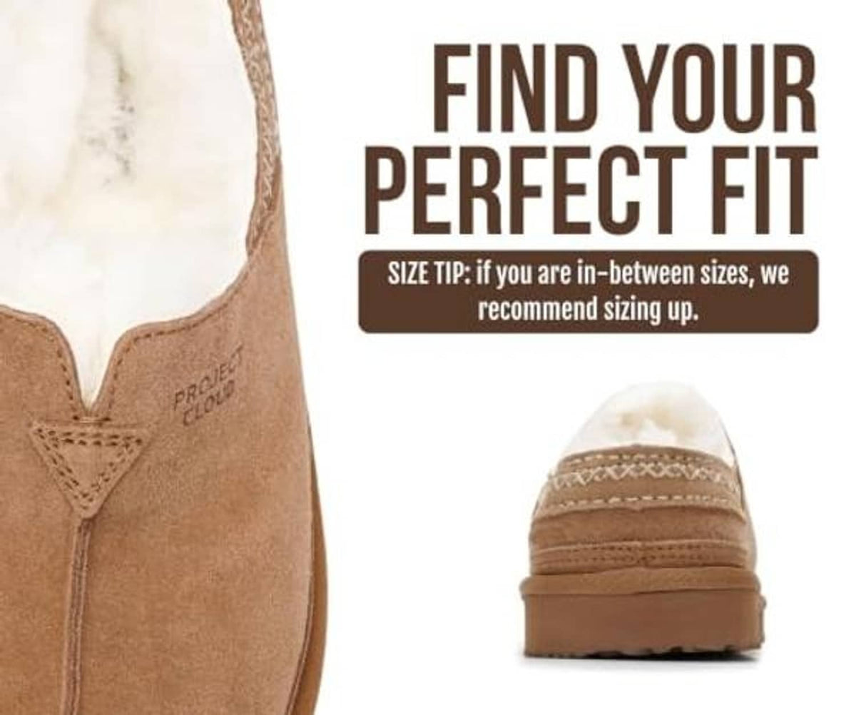 Men's chestnut suede shearling slipper heel view, plush white lining and padded suede upper