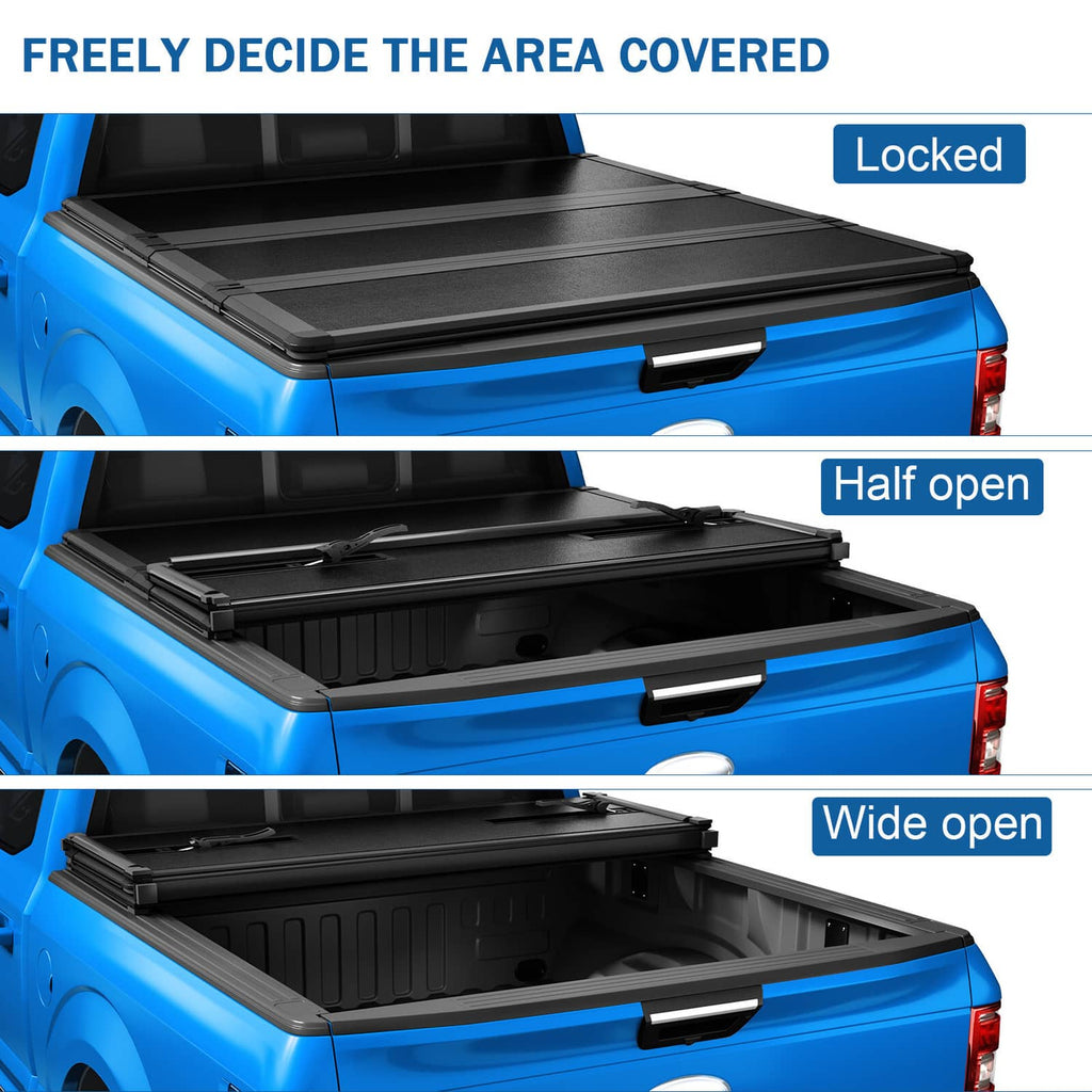 Tri-fold hard tonneau cover showing locked, half-open, and wide-open positions