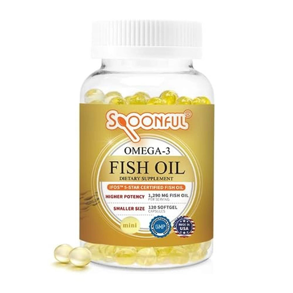 Omega-3 fish oil mini softgel bottle with white cap and gold capsules