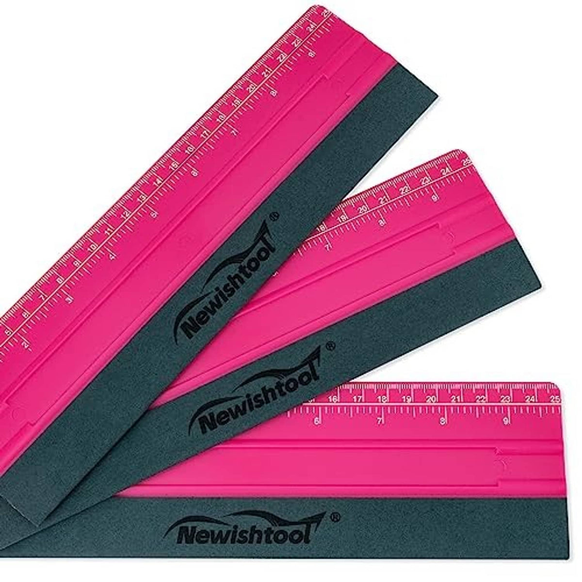 Set of rose pink and dark vinyl squeegees with ruler markings and Newishtool logo