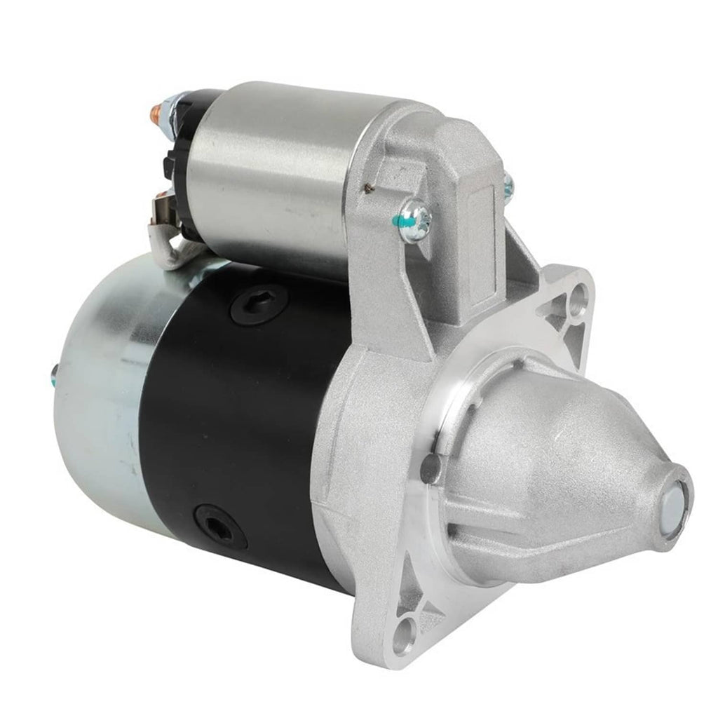 Starter motor with silver mounting flange and black cylindrical body, silver solenoid top