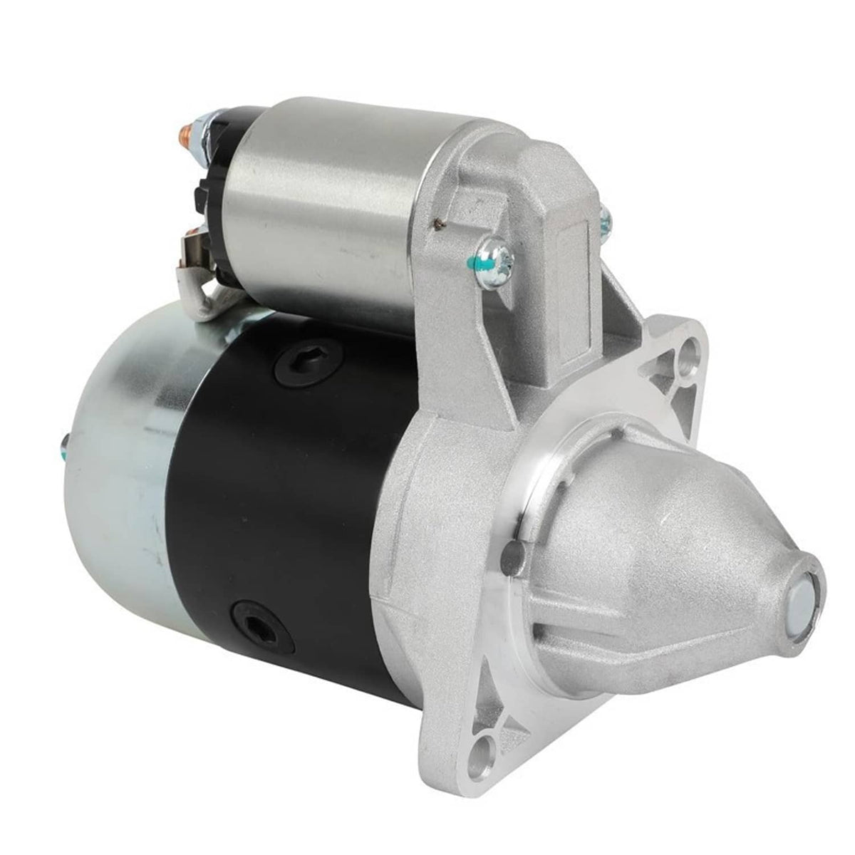 Starter motor with silver mounting flange and black cylindrical body, silver solenoid top
