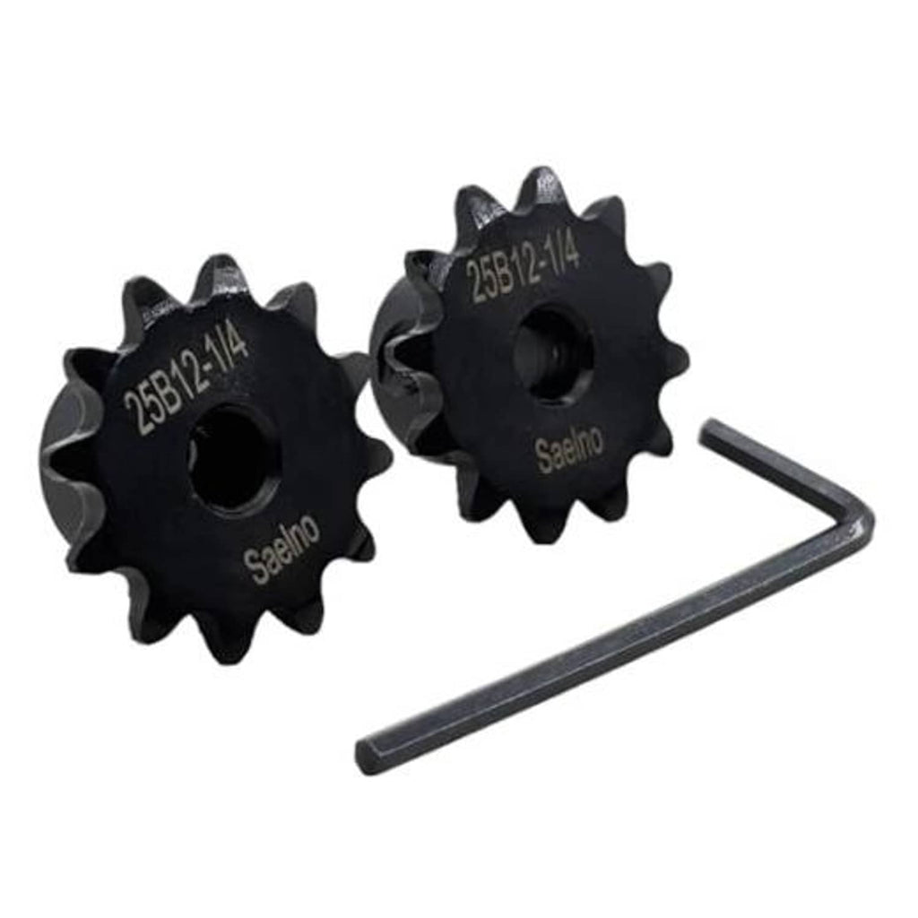 Black 2-piece roller chain sprocket pair with central bore and sharp teeth