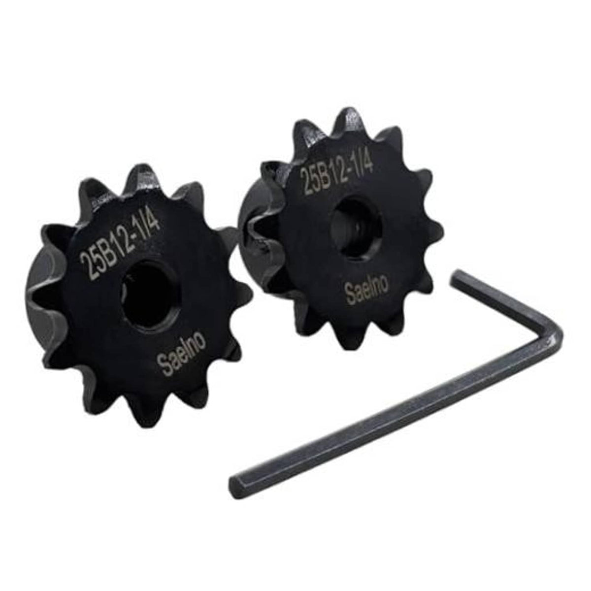 Black 2-piece roller chain sprocket pair with central bore and sharp teeth